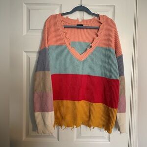 Blank Paige Colorblock Multicolor V-Neck Women's Sweater Large Distressed Edges